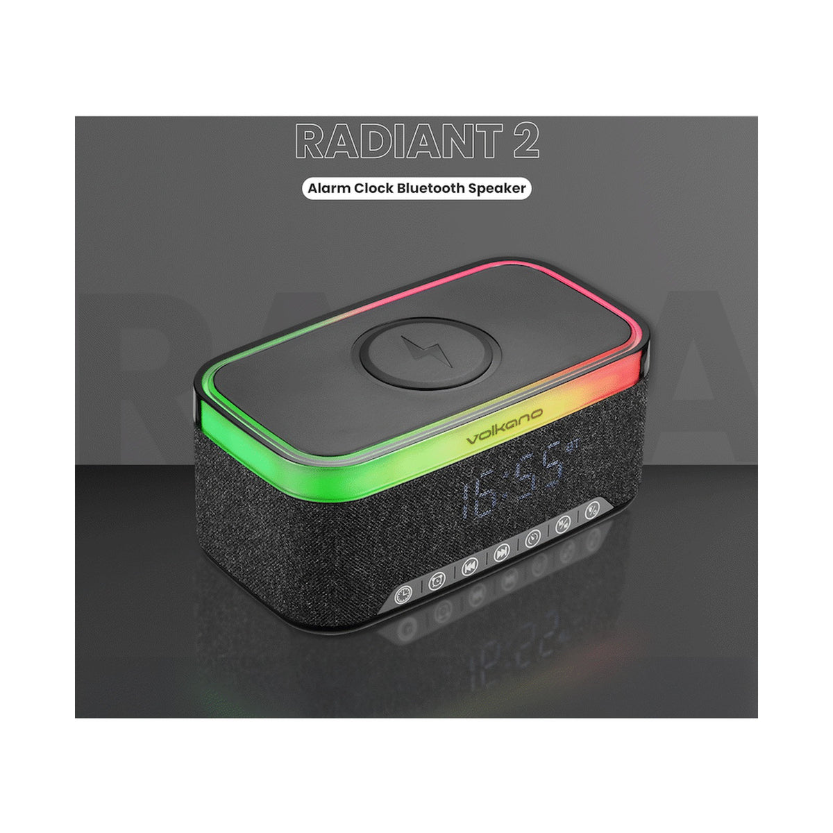 Volkano Radiant 2 Alarm Clock with Wireless Charging and Speaker - Black