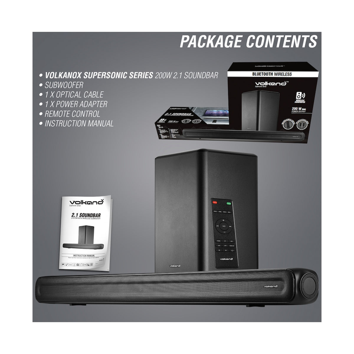 VolkanoX Supersonic Series 2.1 200w Soundbar System with Wireless Subwoofer - Black