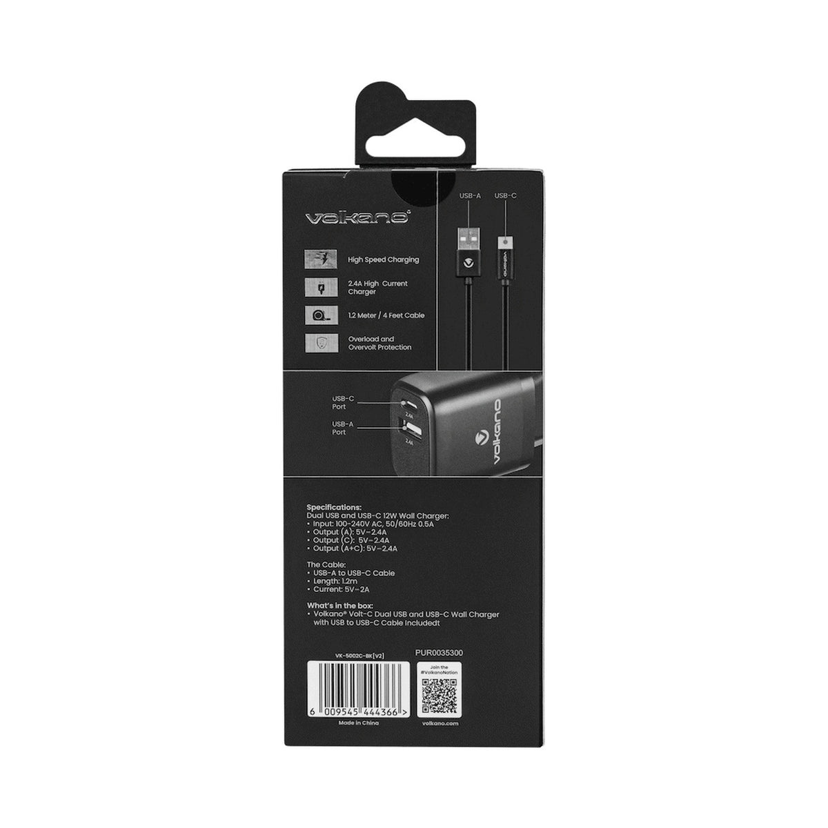 Volkano Volt-C Series Dual USB and USB-C Wall Charger with USB to USB-C Cable Included