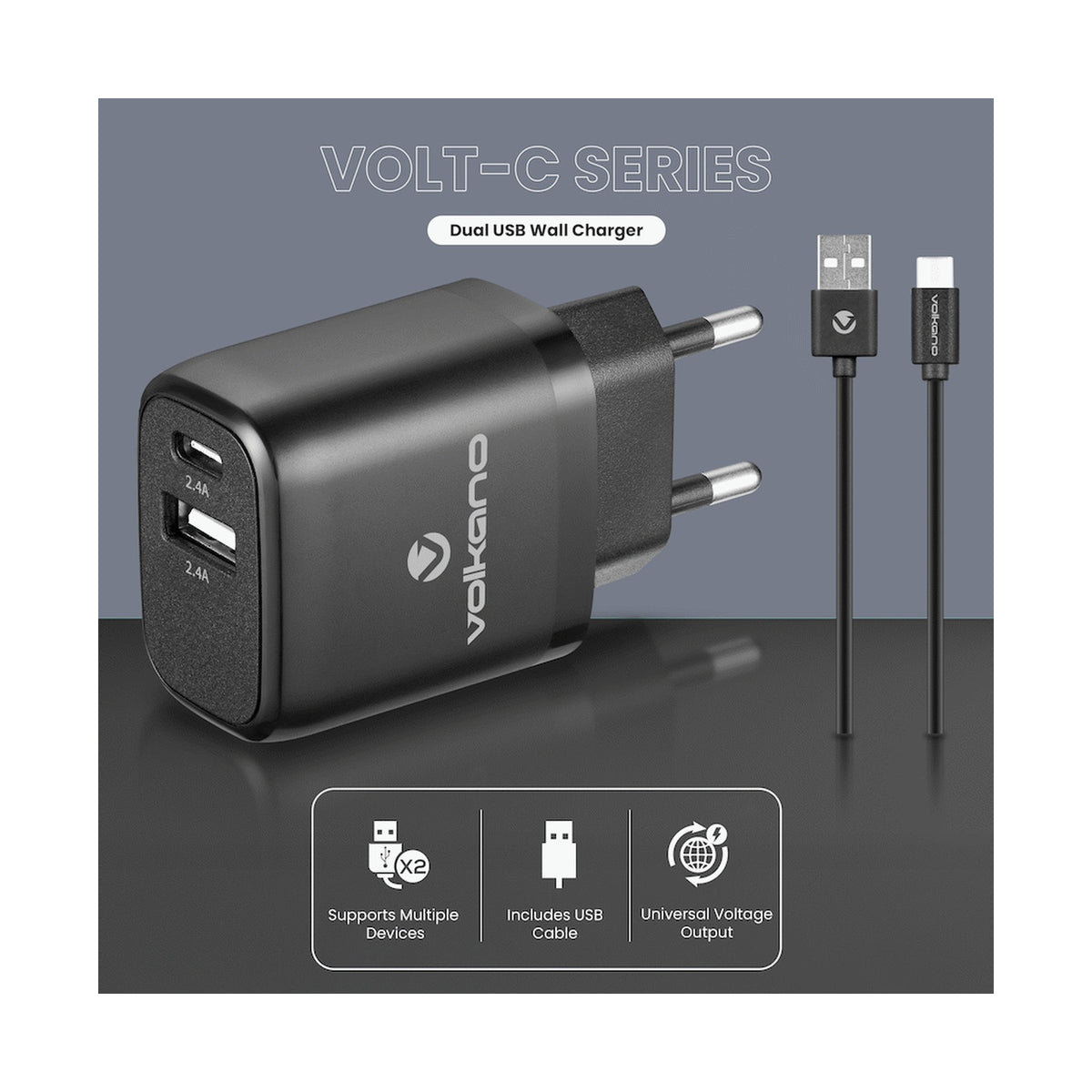 Volkano Volt-C Series Dual USB and USB-C Wall Charger with USB to USB-C Cable Included
