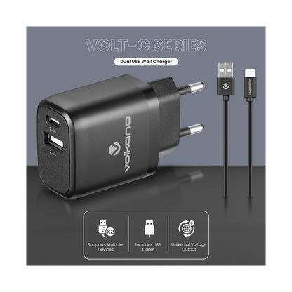 Volkano Volt-C Series Dual USB and USB-C Wall Charger with USB to USB-C Cable Included