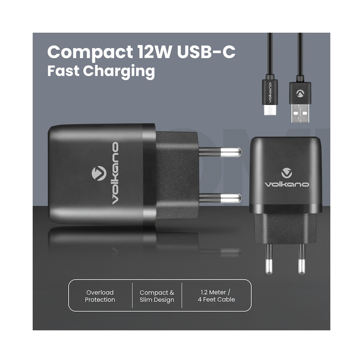 Volkano Volt-C Series Dual USB and USB-C Wall Charger with USB to USB-C Cable Included