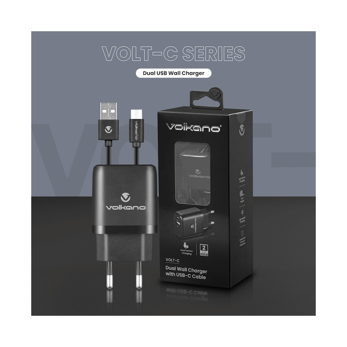 Volkano Volt-C Series Dual USB and USB-C Wall Charger with USB to USB-C Cable Included