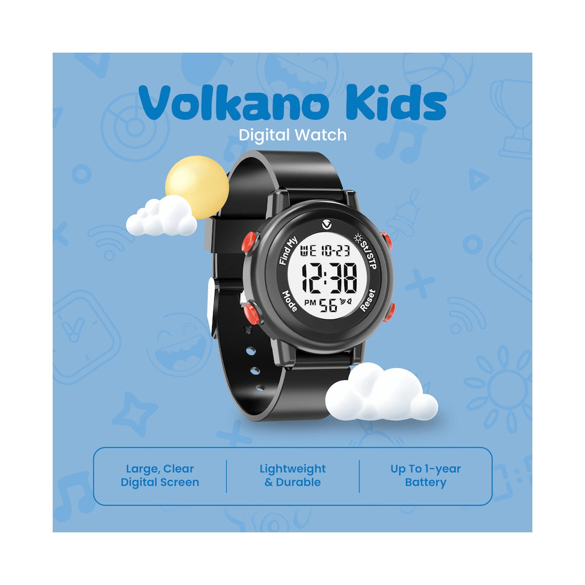 Volkano Kids Digital Watch with Apple Find My - 3ATM Waterproof (Anti-Lost) - Black
