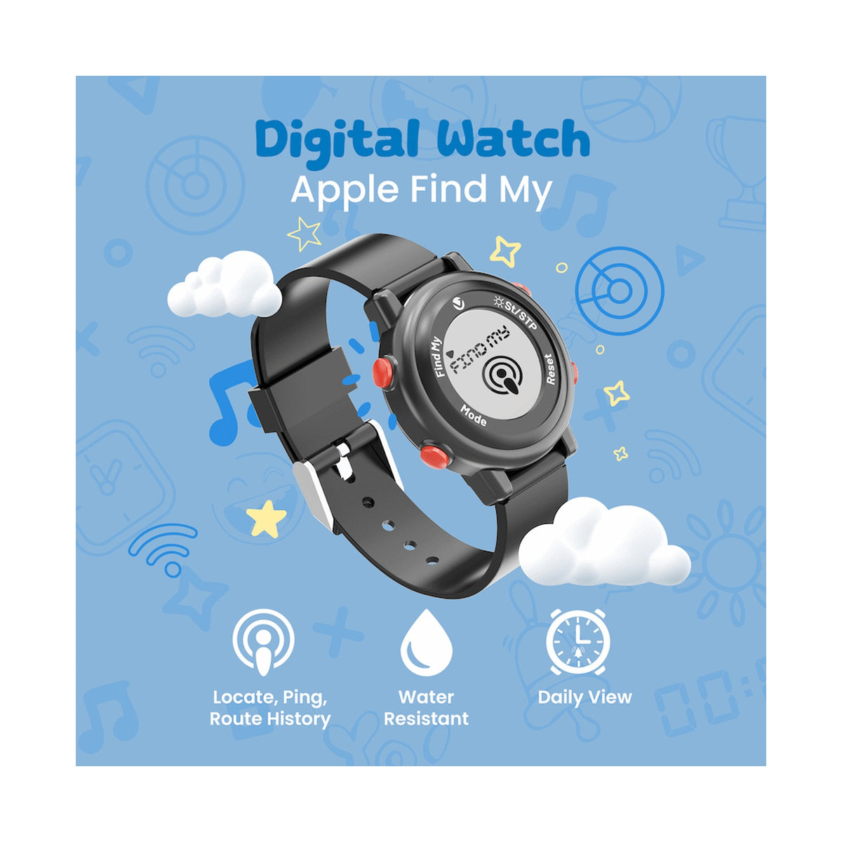 Volkano Kids Digital Watch with Apple Find My - 3ATM Waterproof (Anti-Lost) - Black