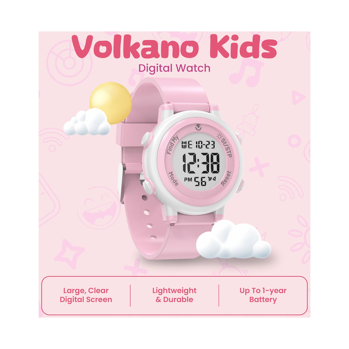 Volkano Kids Digital Watch with Apple Find My - 3ATM Waterproof (Anti-Lost) - Pink