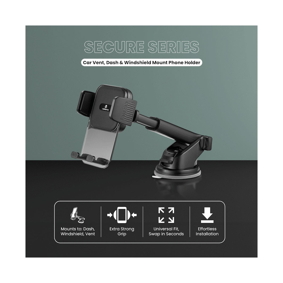 Volkano Secure Series Car Vent, Dash & Windshield Mount Phone Holder - Black