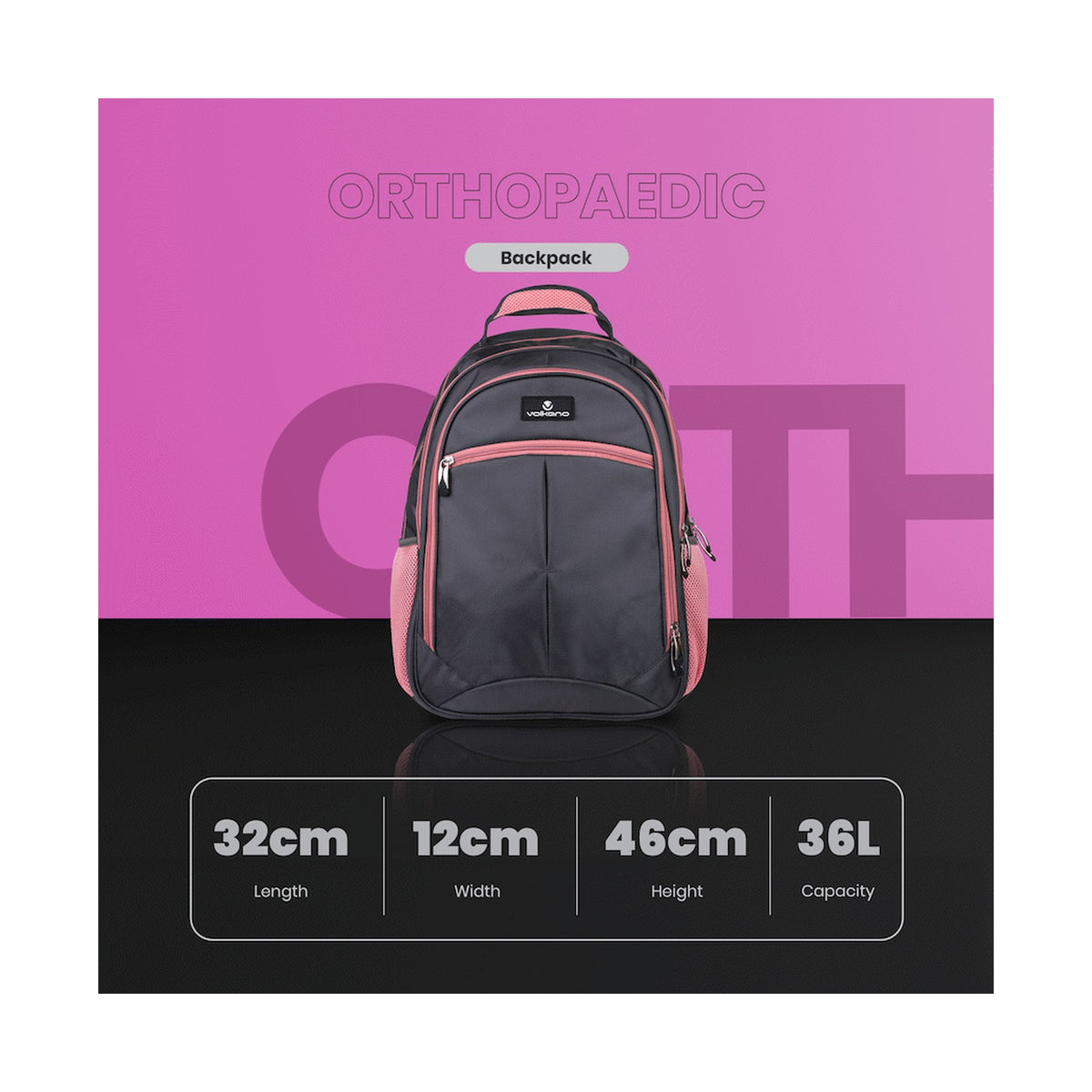 Volkano Orthopaedic Backpack 36l - Dark Grey/Pink