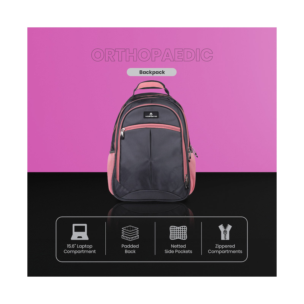 Volkano Orthopaedic Backpack 36l - Dark Grey/Pink