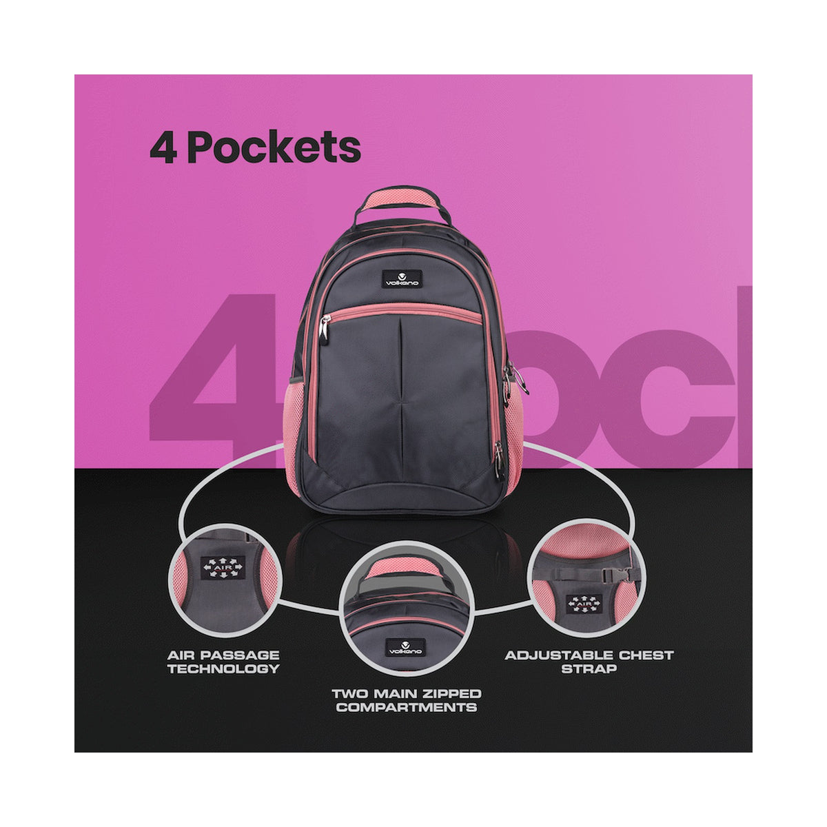 Volkano Orthopaedic Backpack 36l - Dark Grey/Pink