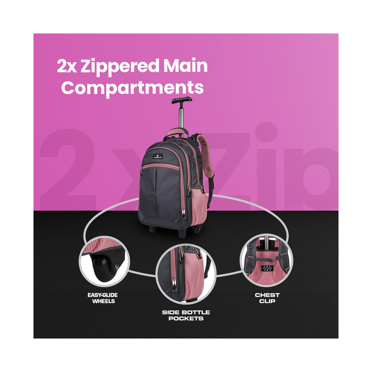 Volkano Orthopaedic Trolley Backpack 35l - Dark Grey/Pink