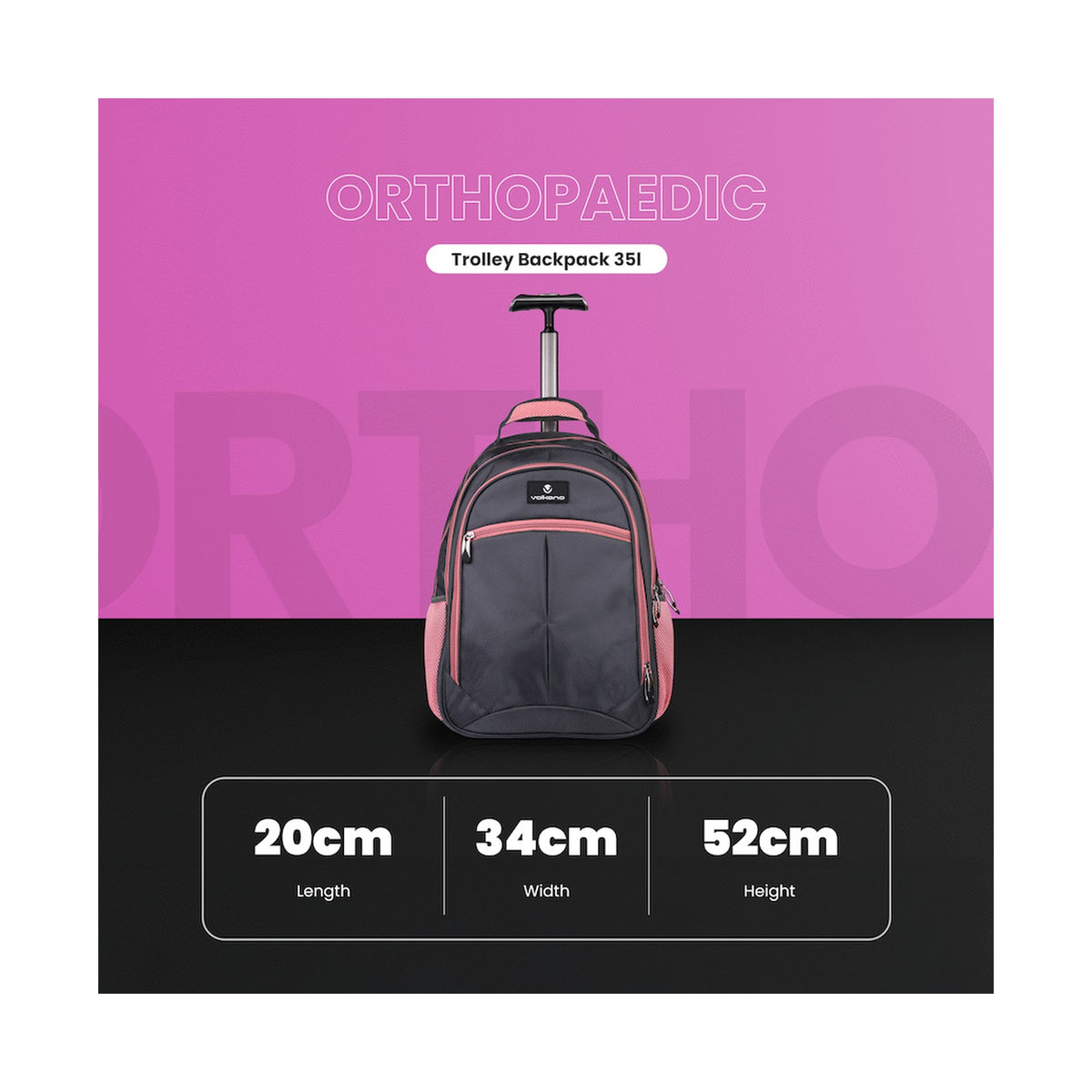 Volkano Orthopaedic Trolley Backpack 35l - Dark Grey/Pink