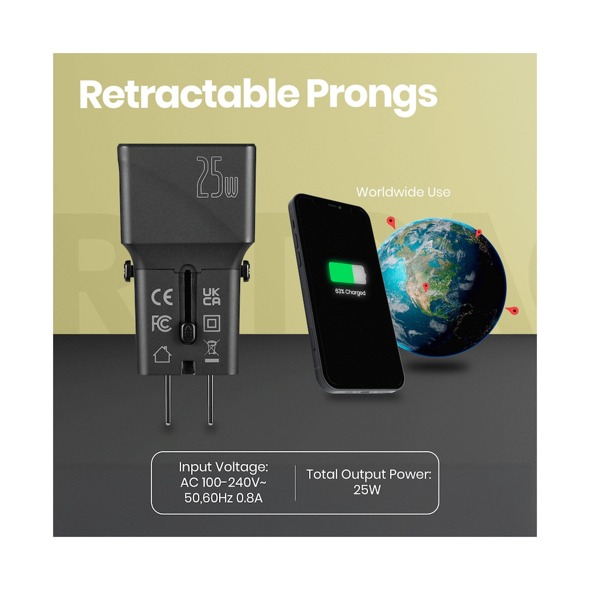 Volkano Globetrotter Series 25w Dual USB + Type-C Mini Travel Adaptor