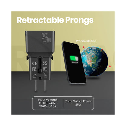 Volkano Globetrotter Series 25w Dual USB + Type-C Mini Travel Adaptor