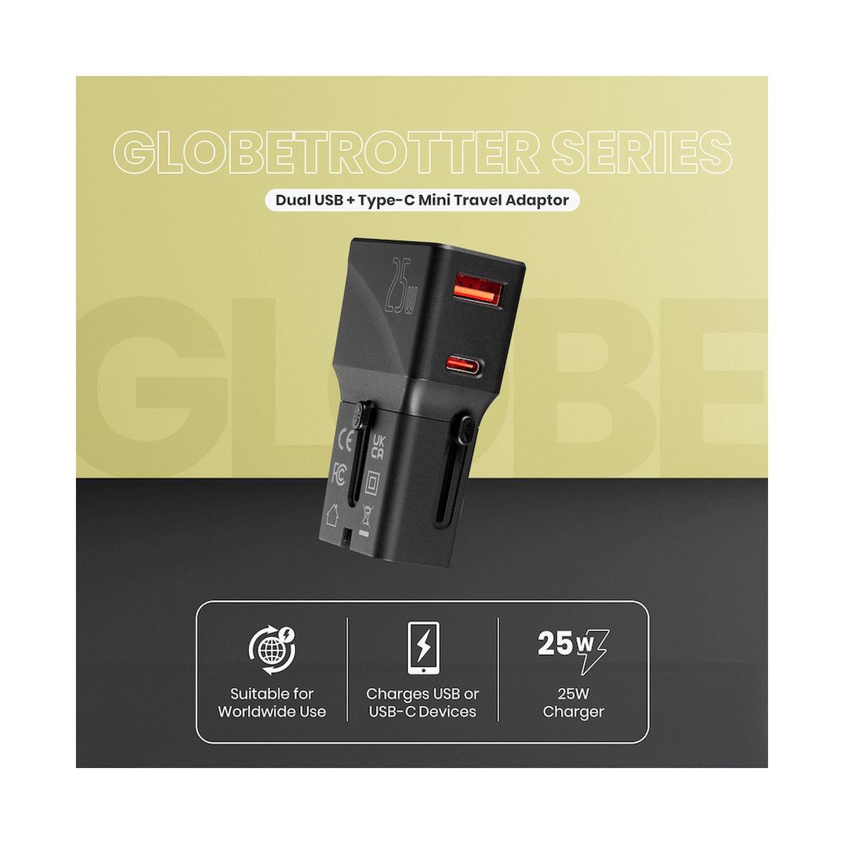 Volkano Globetrotter Series 25w Dual USB + Type-C Mini Travel Adaptor
