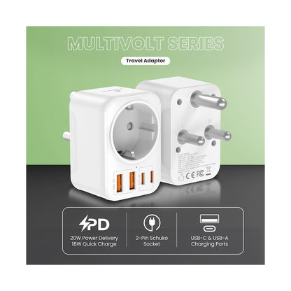 Volkano MultiVolt Series 2x USB-A + 2x USB-C adaptor SA Plug to multi travel socket 20Watt