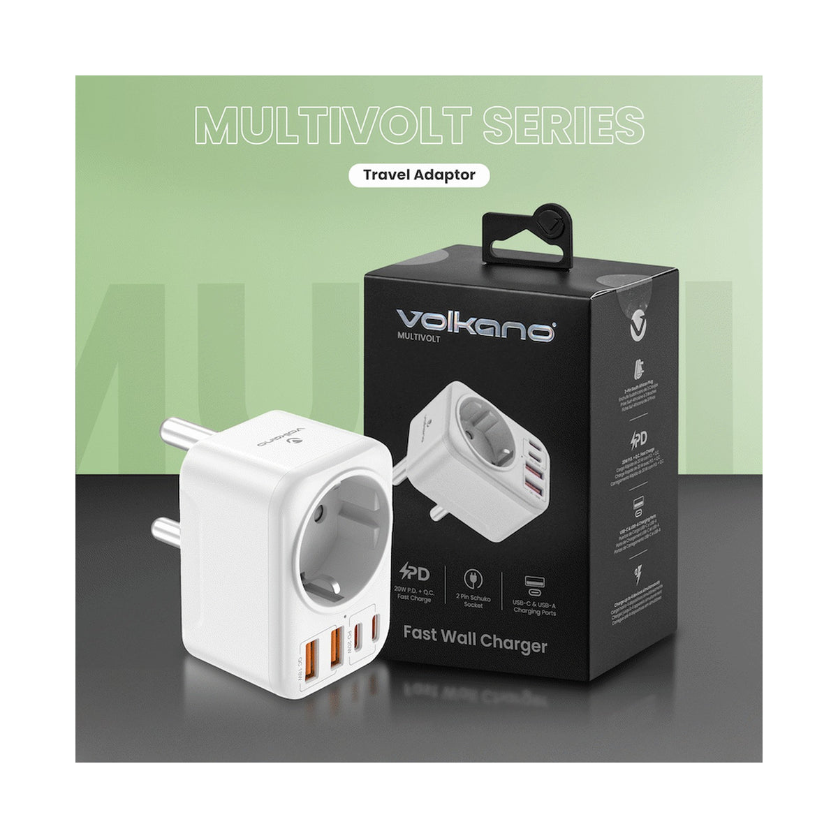 Volkano MultiVolt Series 2x USB-A + 2x USB-C adaptor SA Plug to multi travel socket 20Watt