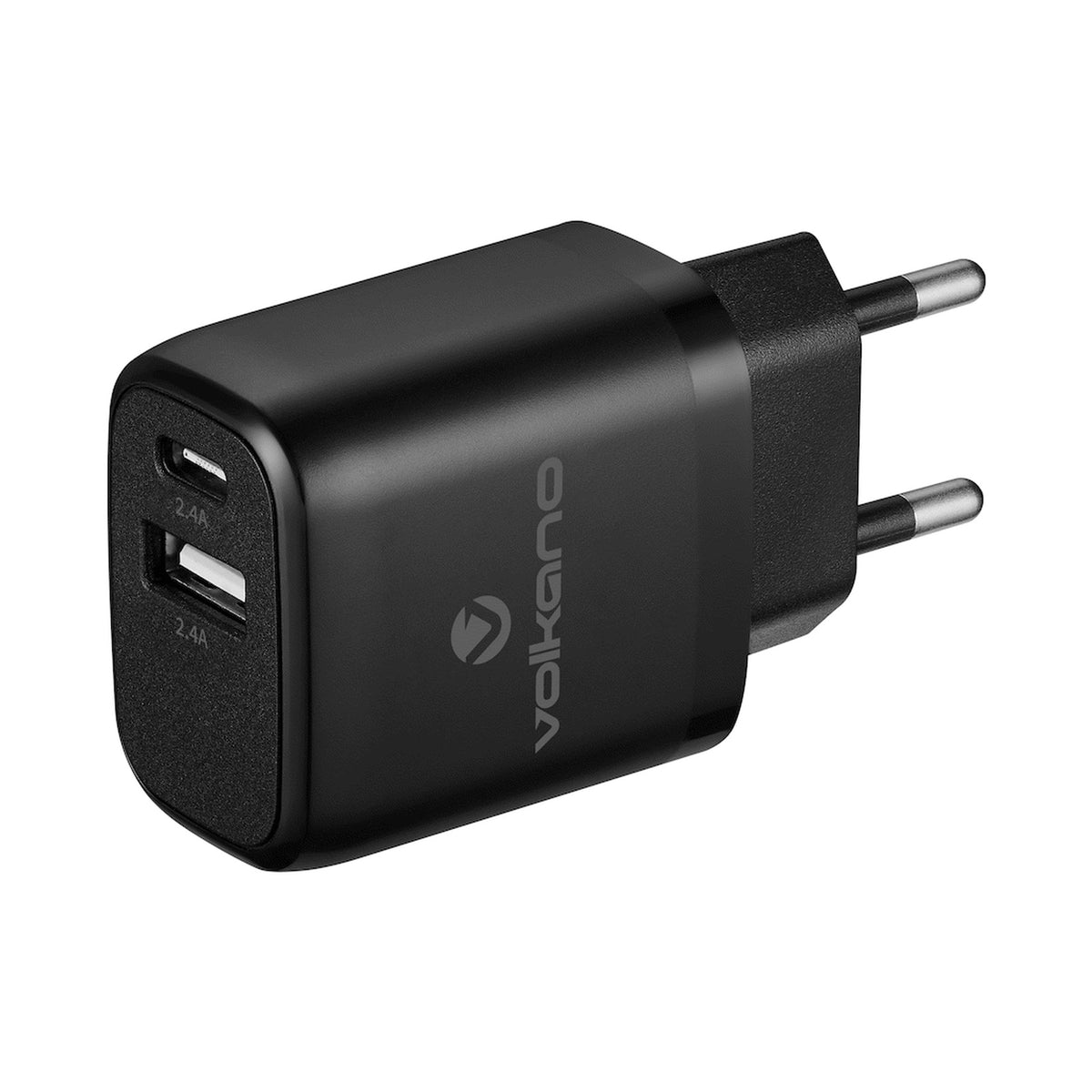 Volkano Cupla Series 5v/2.4a 12w Dual USB-A & USB-C Wall Charger - Black