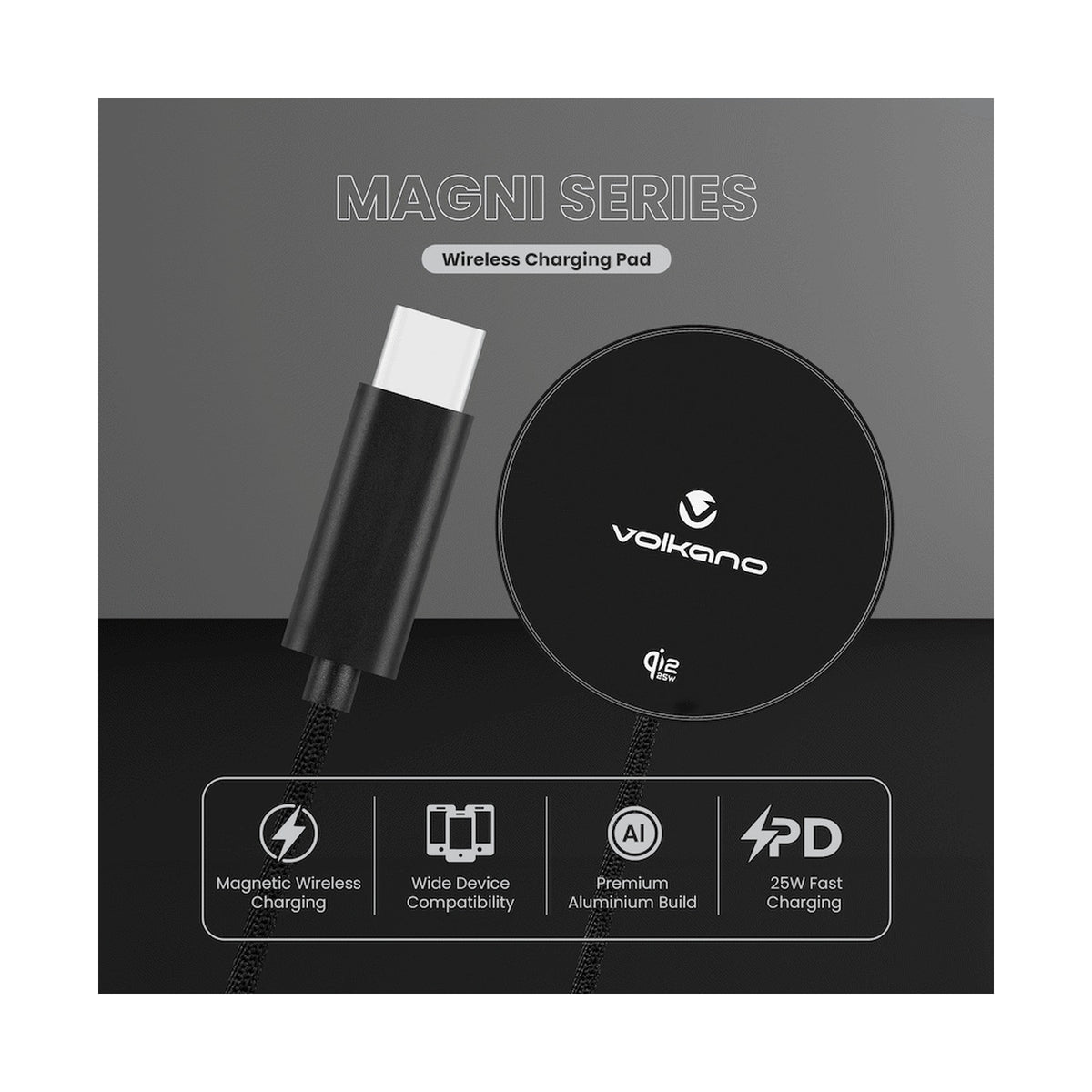 Volkano Magni Series Qi2.2 25W Wireless Charging Pad - Black