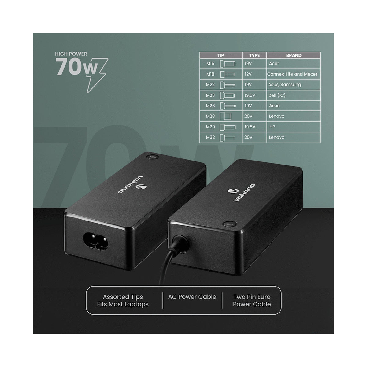 Volkano Omni Plus Universal 70W laptop charger with 12V out