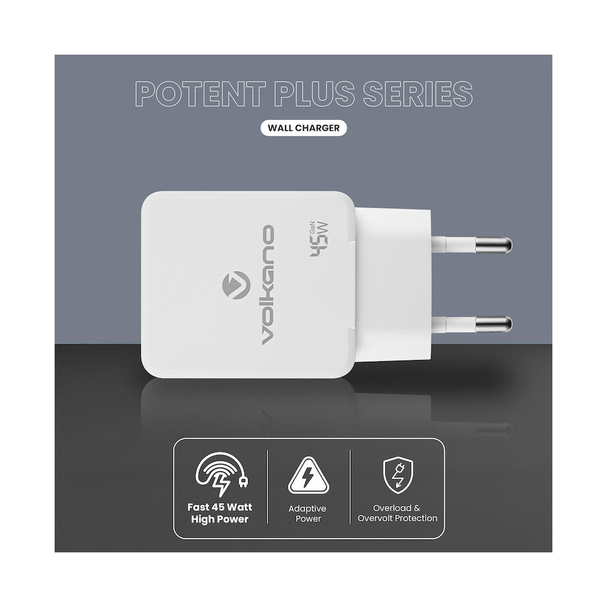 Volkano Potent Plus series 45W GaN Compact Dual USB and USB-C PD Wall Charger