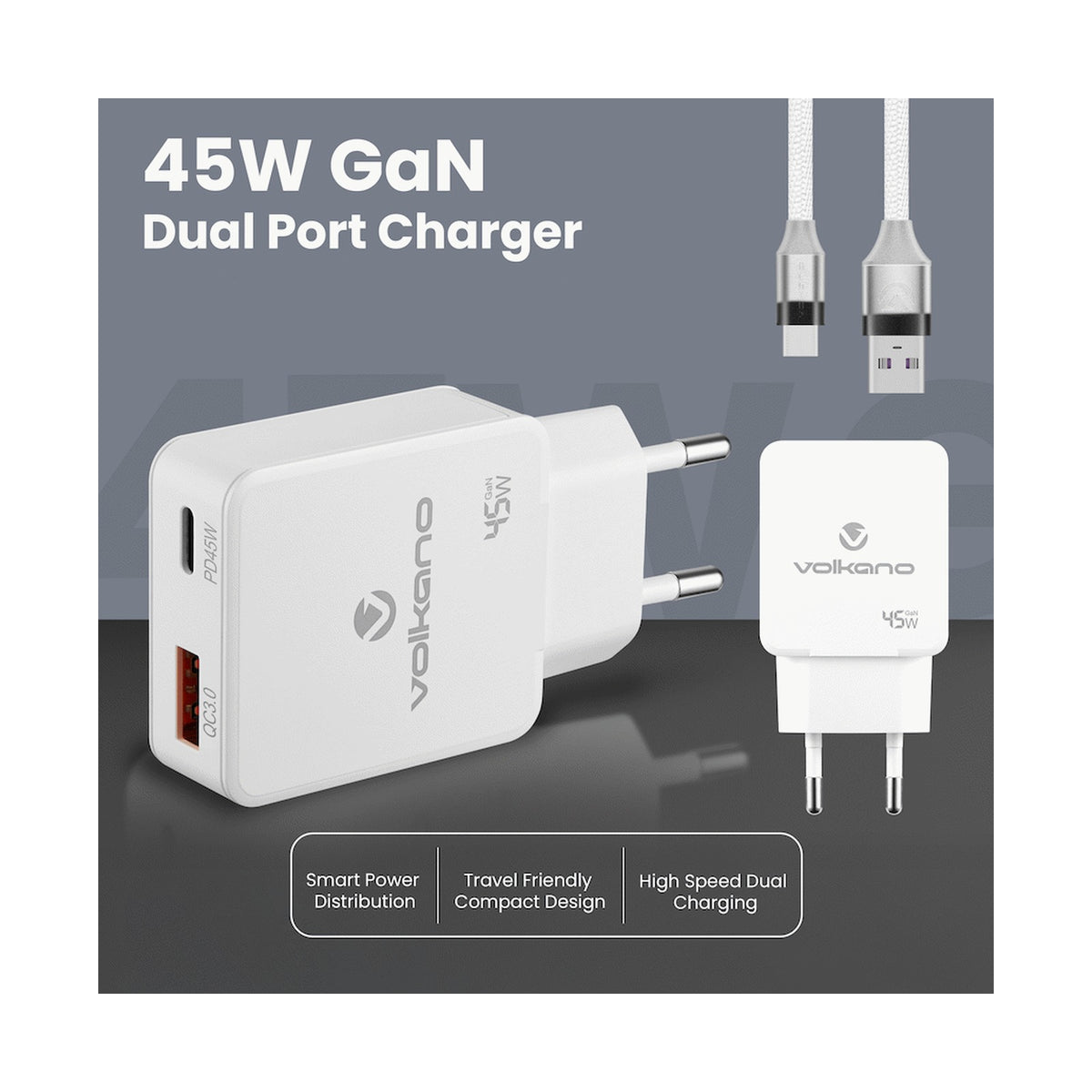 Volkano Potent Plus series 45W GaN Compact Dual USB and USB-C PD Wall Charger