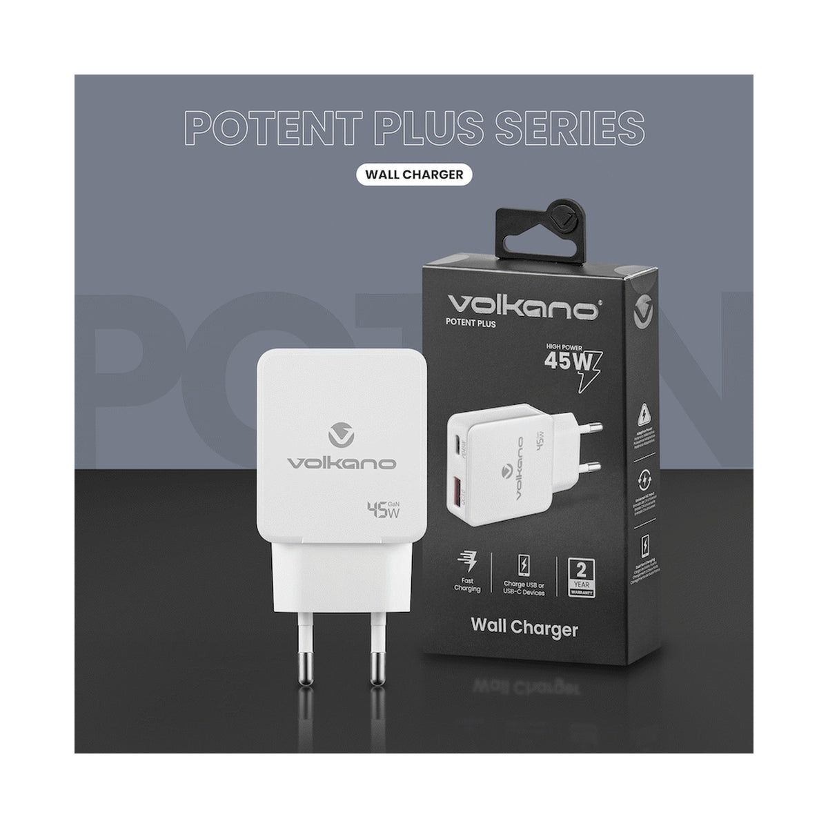 Volkano Potent Plus series 45W GaN Compact Dual USB and USB-C PD Wall Charger
