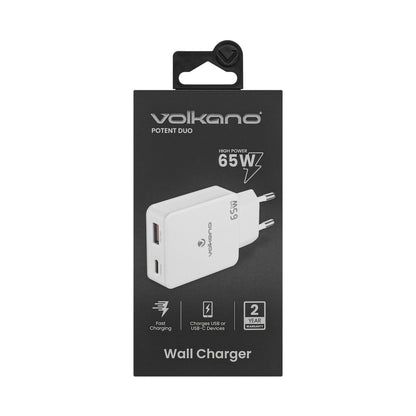 Volkano Potent Duo series 65W Dual USB and USB-C PD Compact Wall Charger