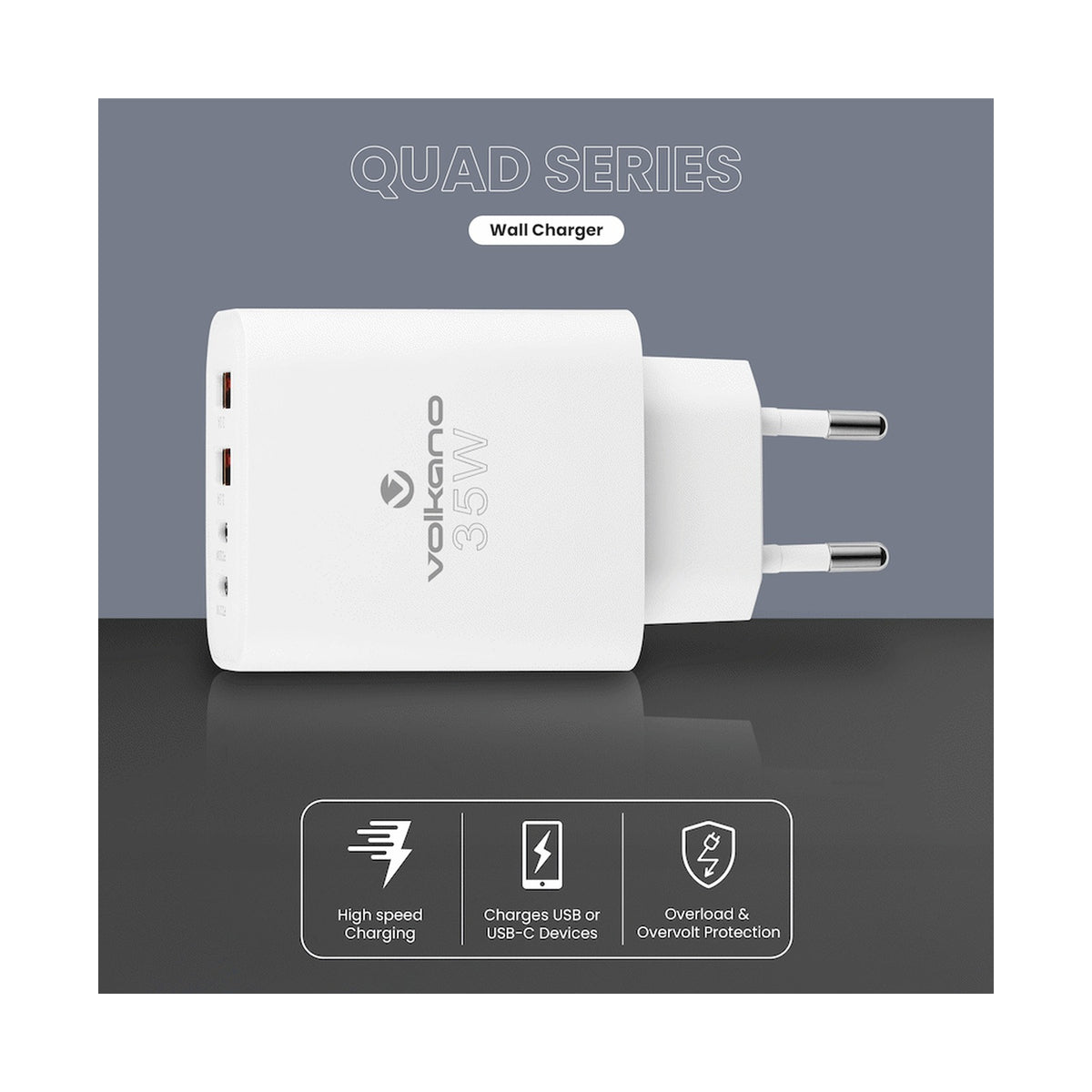 Volkano Quad Series 2x PD USB-C 2x USB-A 3a 35W Wall Charger