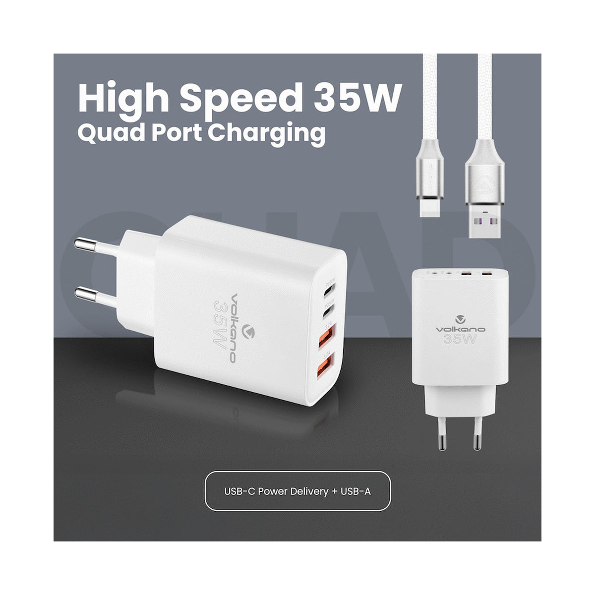 Volkano Quad Series 2x PD USB-C 2x USB-A 3a 35W Wall Charger