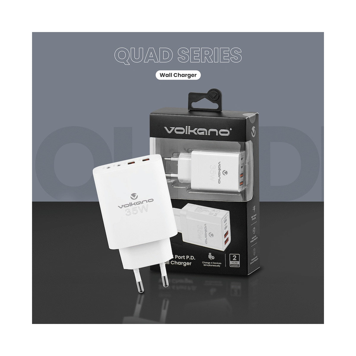 Volkano Quad Series 2x PD USB-C 2x USB-A 3a 35W Wall Charger