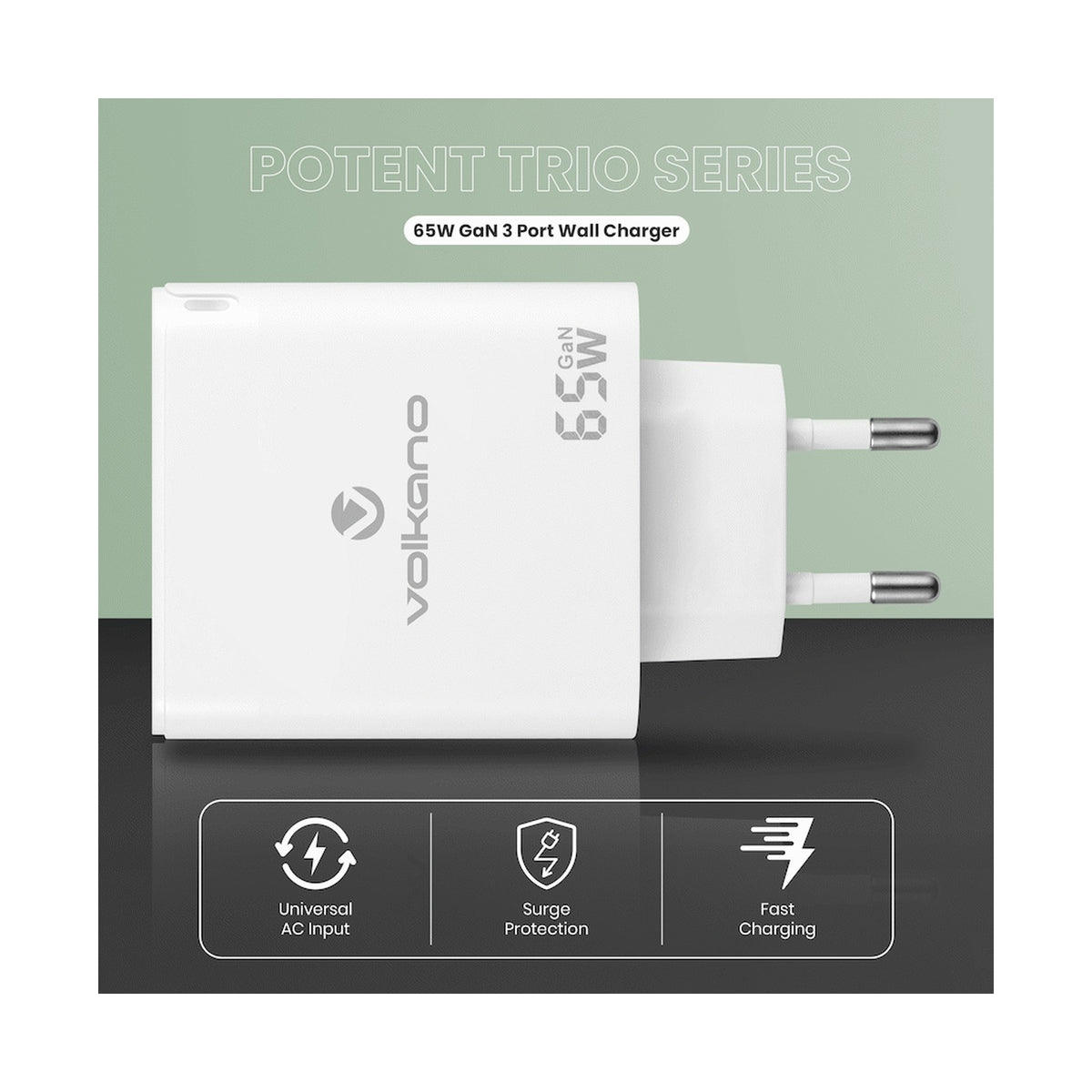 Volkano Potent Trio 65w GaN 3 Port Wall Charger