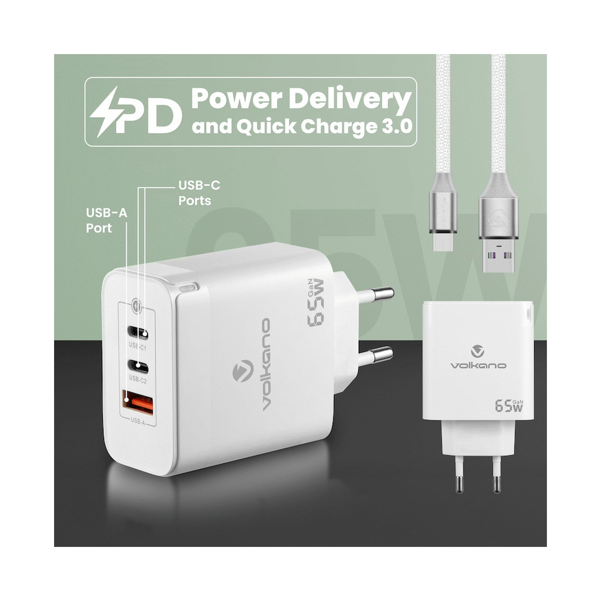 Volkano Potent Trio 65w GaN 3 Port Wall Charger