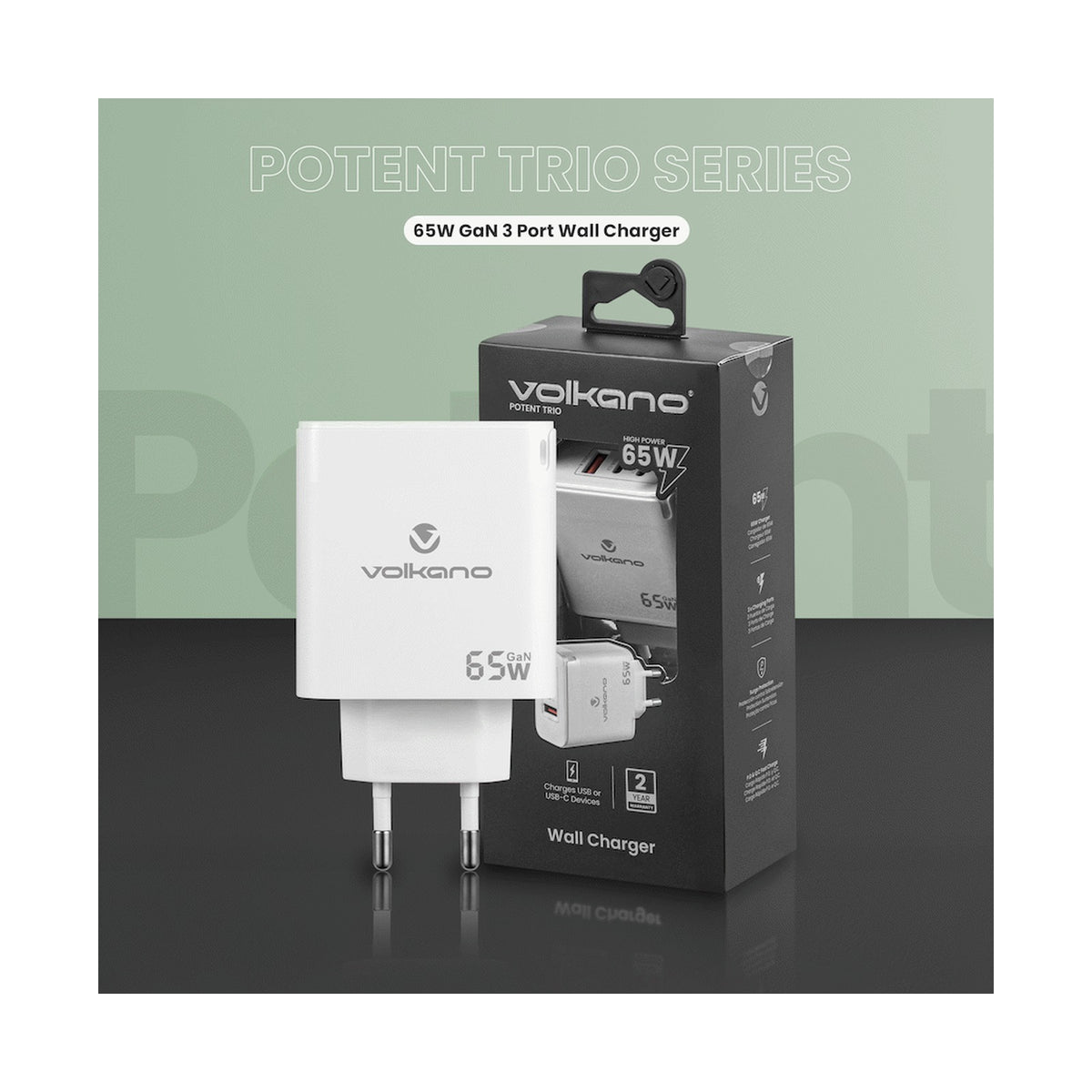 Volkano Potent Trio 65w GaN 3 Port Wall Charger