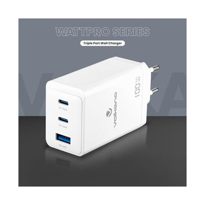 Volkano WattPro Series Triple Port 100W GaN Wall Charger - White