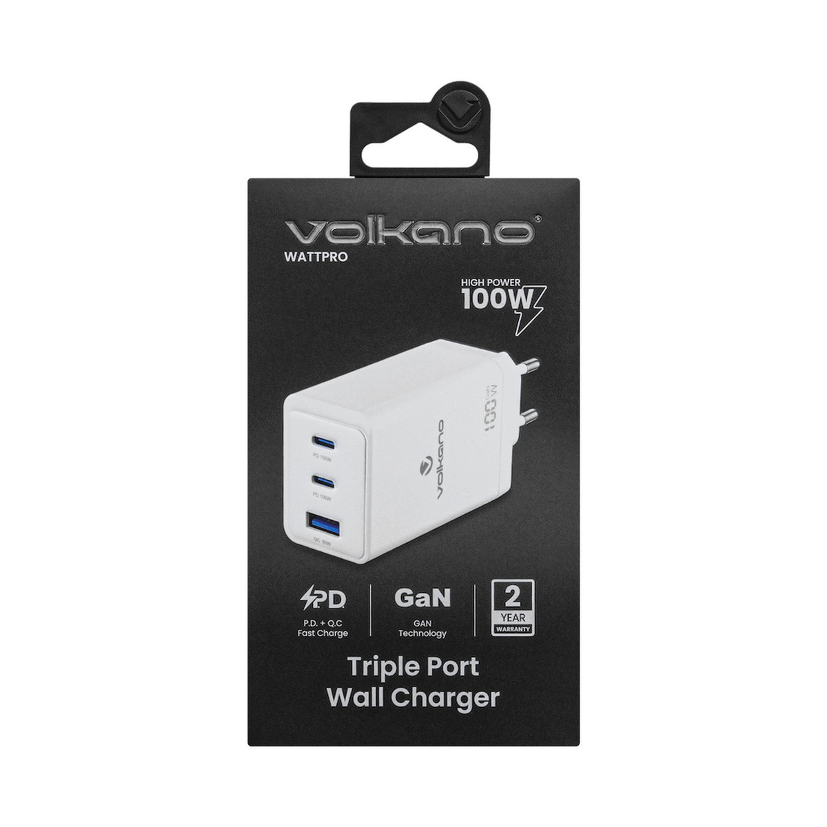 Volkano WattPro Series Triple Port 100W GaN Wall Charger - White