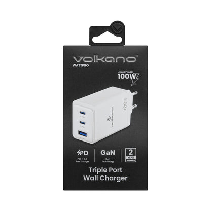 Volkano WattPro Series Triple Port 100W GaN Wall Charger - White
