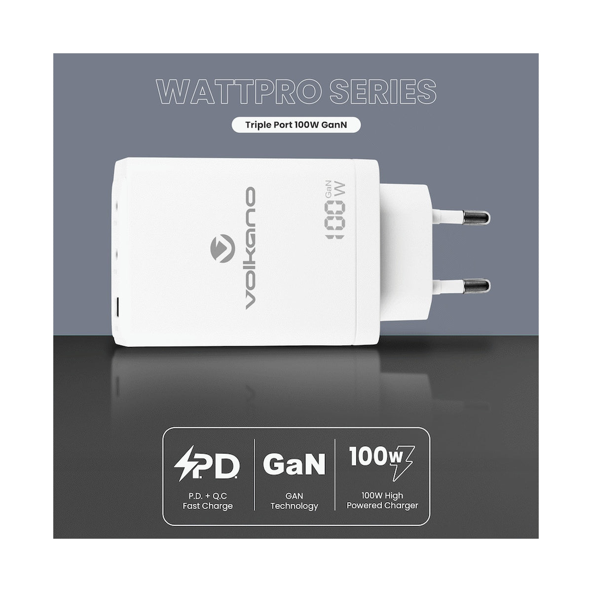 Volkano WattPro Series Triple Port 100W GaN Wall Charger - White