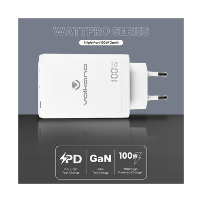 Volkano WattPro Series Triple Port 100W GaN Wall Charger - White