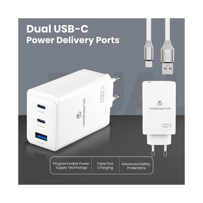 Volkano WattPro Series Triple Port 100W GaN Wall Charger - White