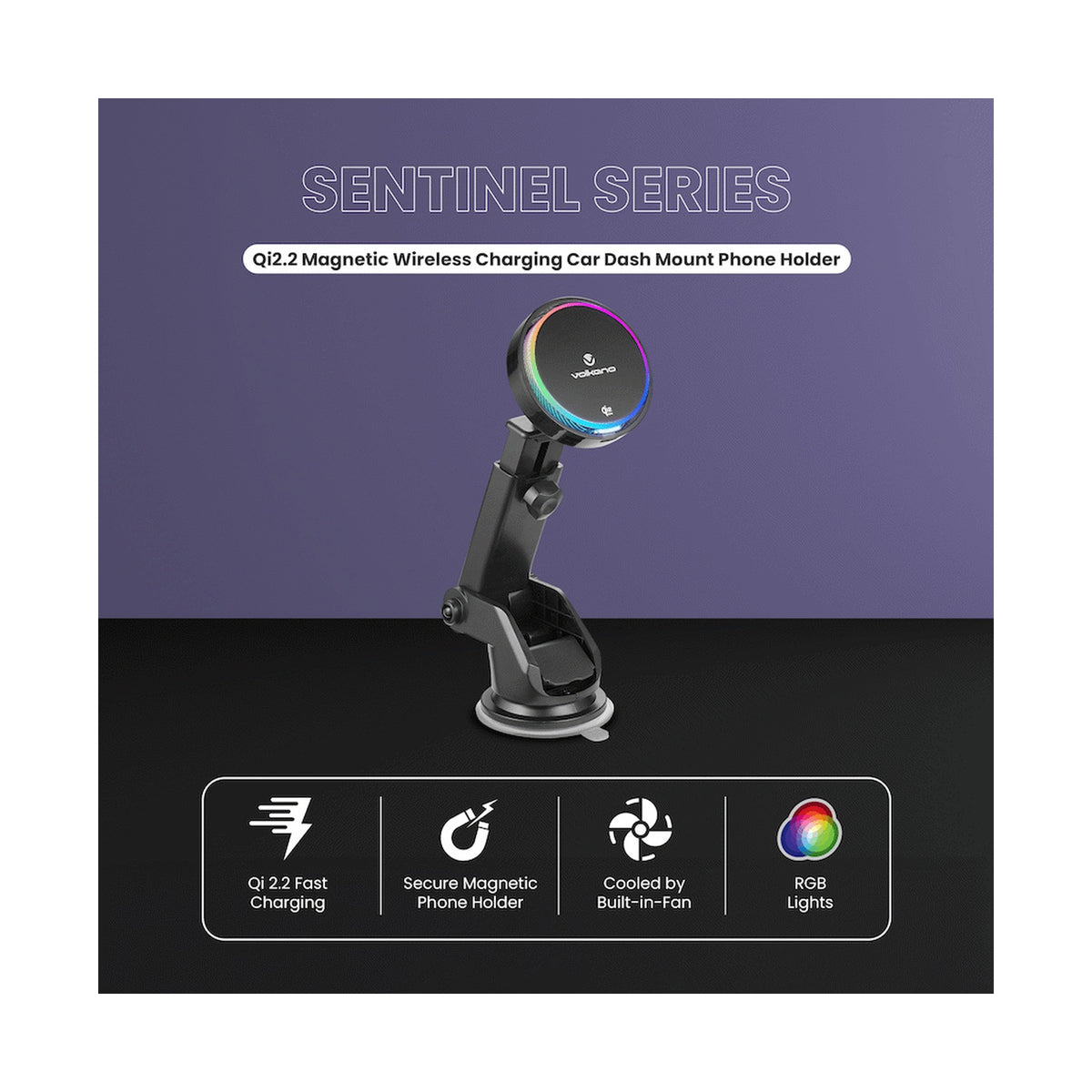 Volkano Sentinel Series Qi2.2 Magnetic Wireless Charging Car Dash Mount Phone Holder - Black