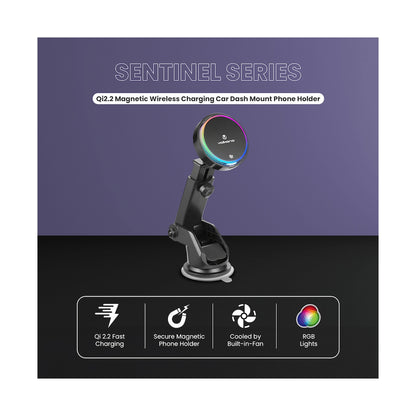 Volkano Sentinel Series Qi2.2 Magnetic Wireless Charging Car Dash Mount Phone Holder - Black