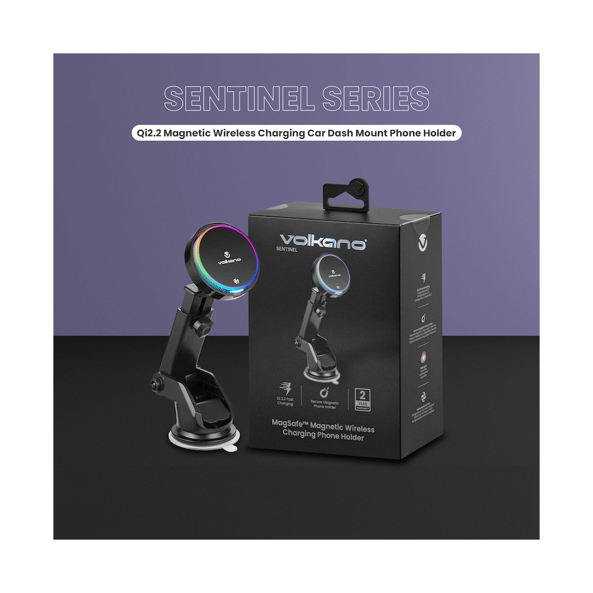 Volkano Sentinel Series Qi2.2 Magnetic Wireless Charging Car Dash Mount Phone Holder - Black