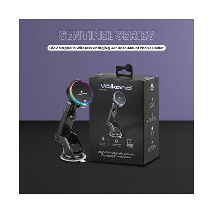 Volkano Sentinel Series Qi2.2 Magnetic Wireless Charging Car Dash Mount Phone Holder - Black