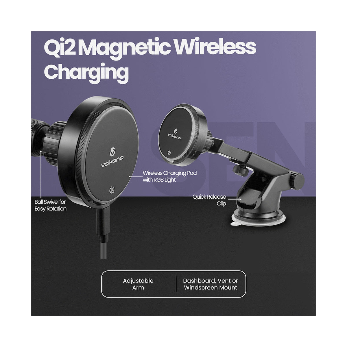 Volkano Sentinel Series Qi2.2 Magnetic Wireless Charging Car Dash Mount Phone Holder - Black
