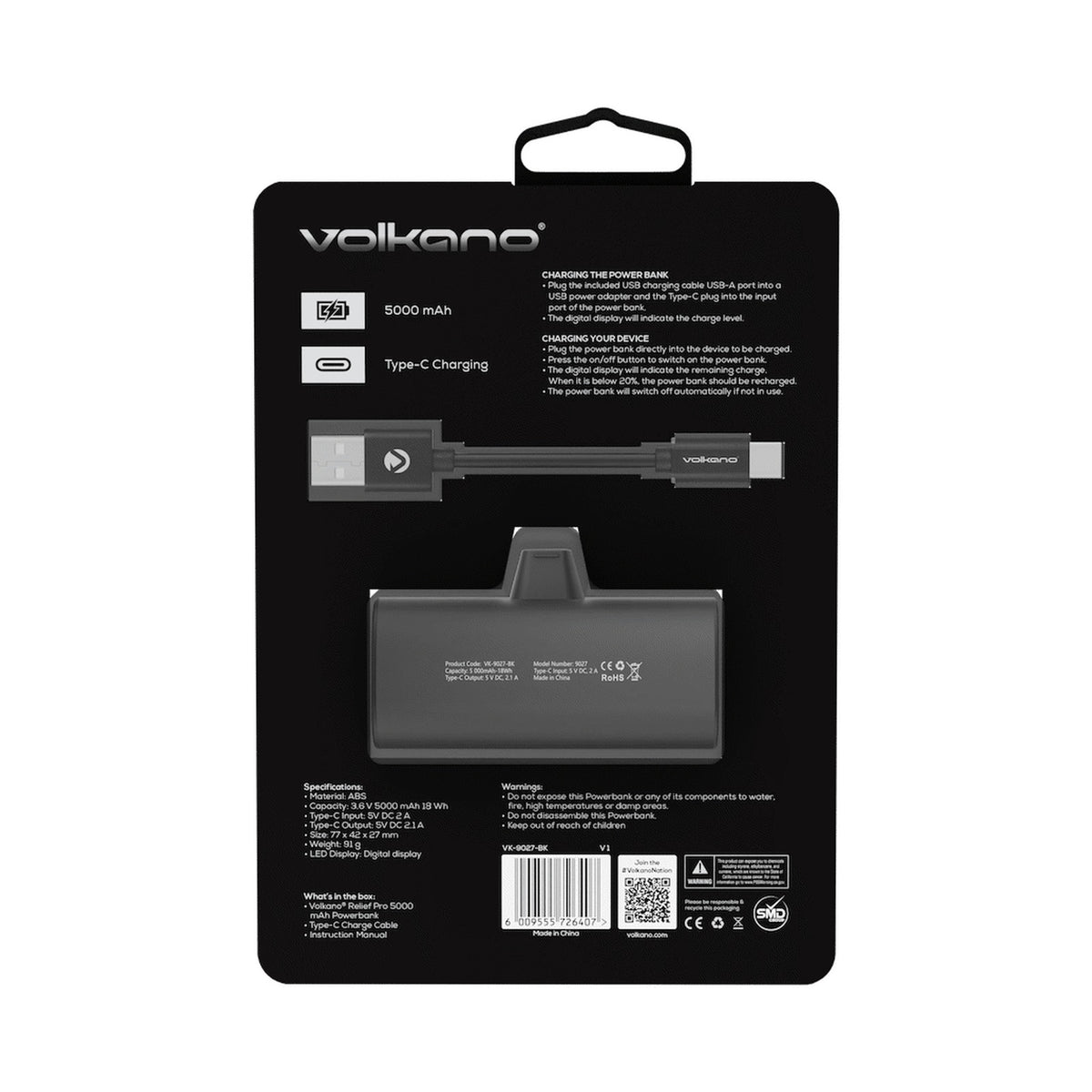 Volkano Relief Pro Power Bank - 5000mah Type-C Direct Plug-in