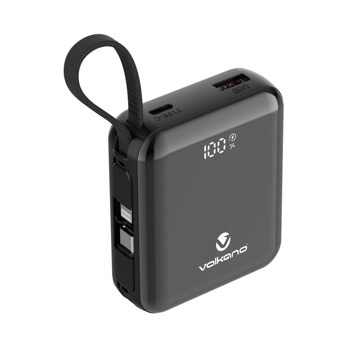 Volkano Solace Series 10 000 mAh Power Bank with Built-in USB-C & Lightning Cable - Black