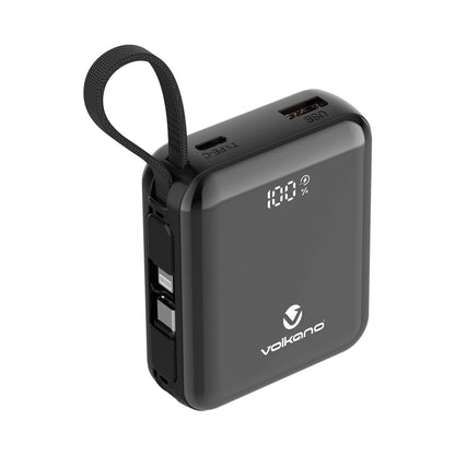 Volkano Solace Series 10 000 mAh Power Bank with Built-in USB-C & Lightning Cable - Black