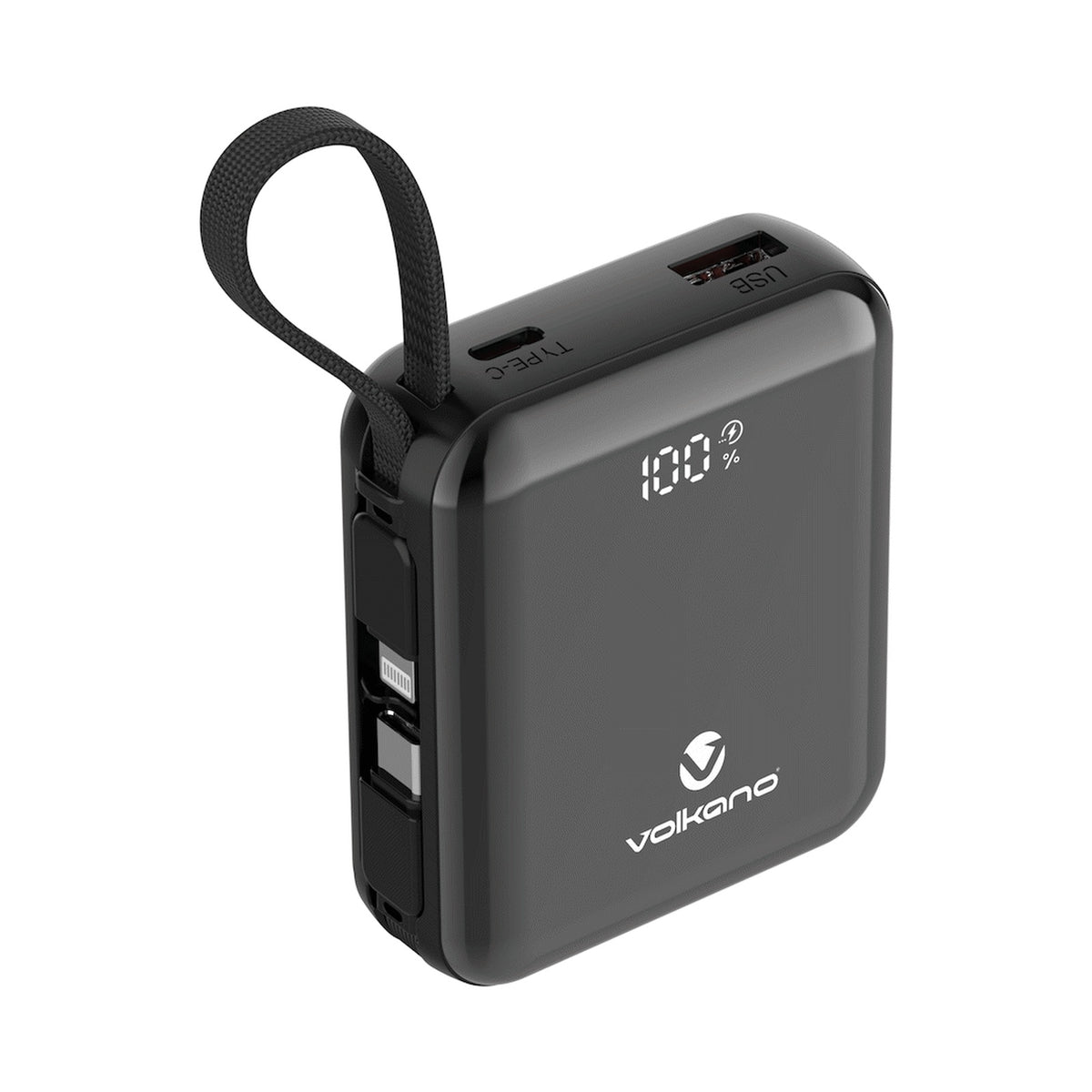 Volkano Solace Series 10 000 mAh Power Bank with Built-in USB-C & Lightning Cable - Black