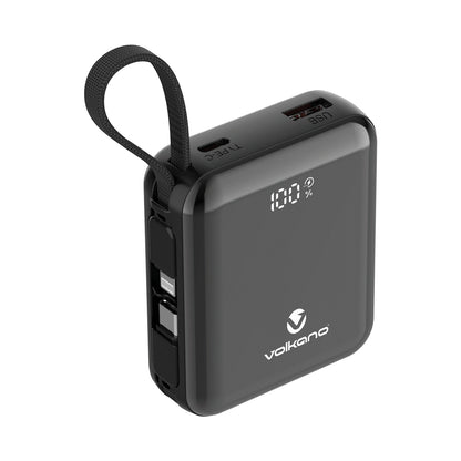 Volkano Solace Series 10 000 mAh Power Bank with Built-in USB-C & Lightning Cable - Black